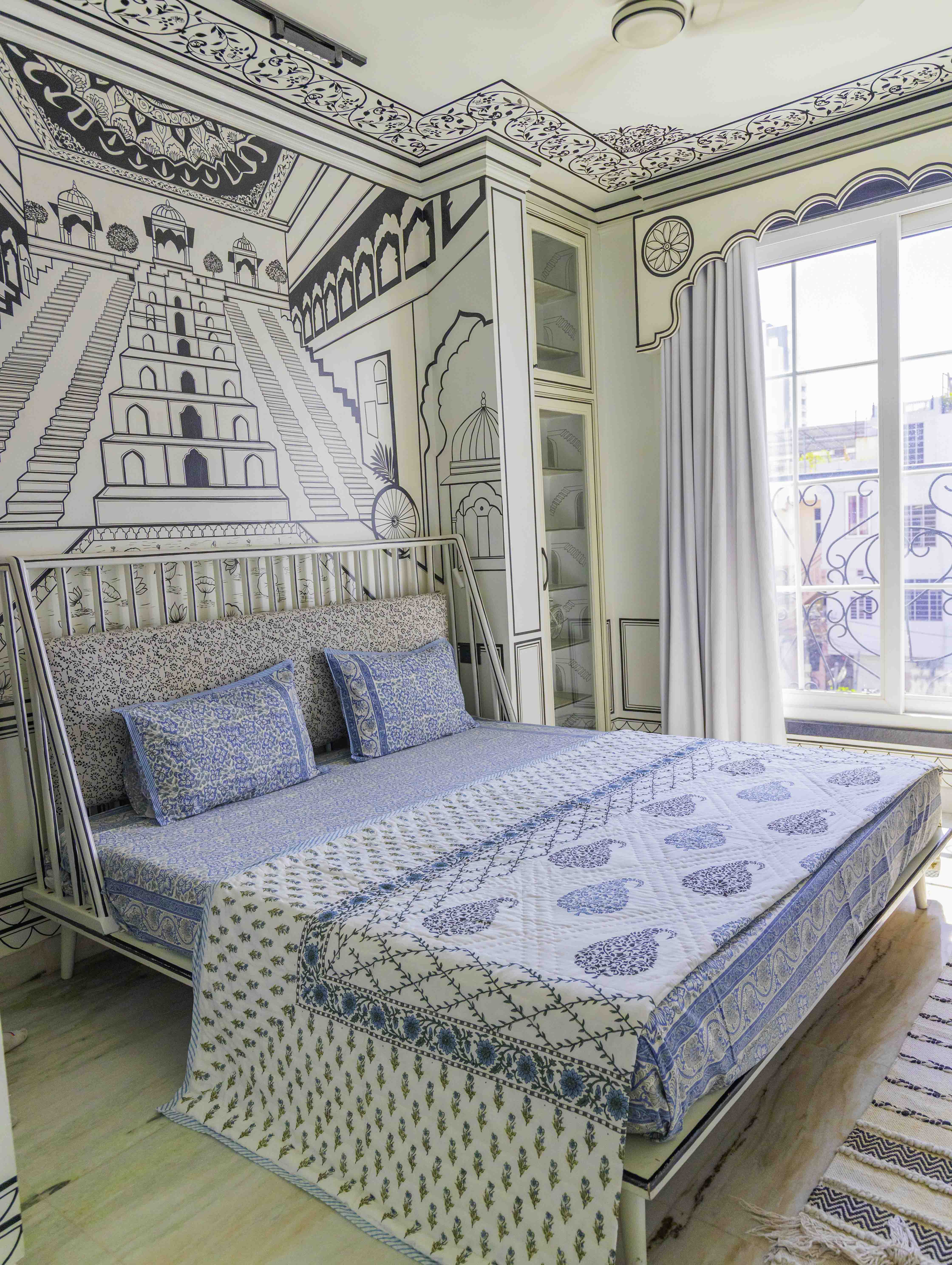 Blue Mughal Staircase Block Print Bedsheet Set