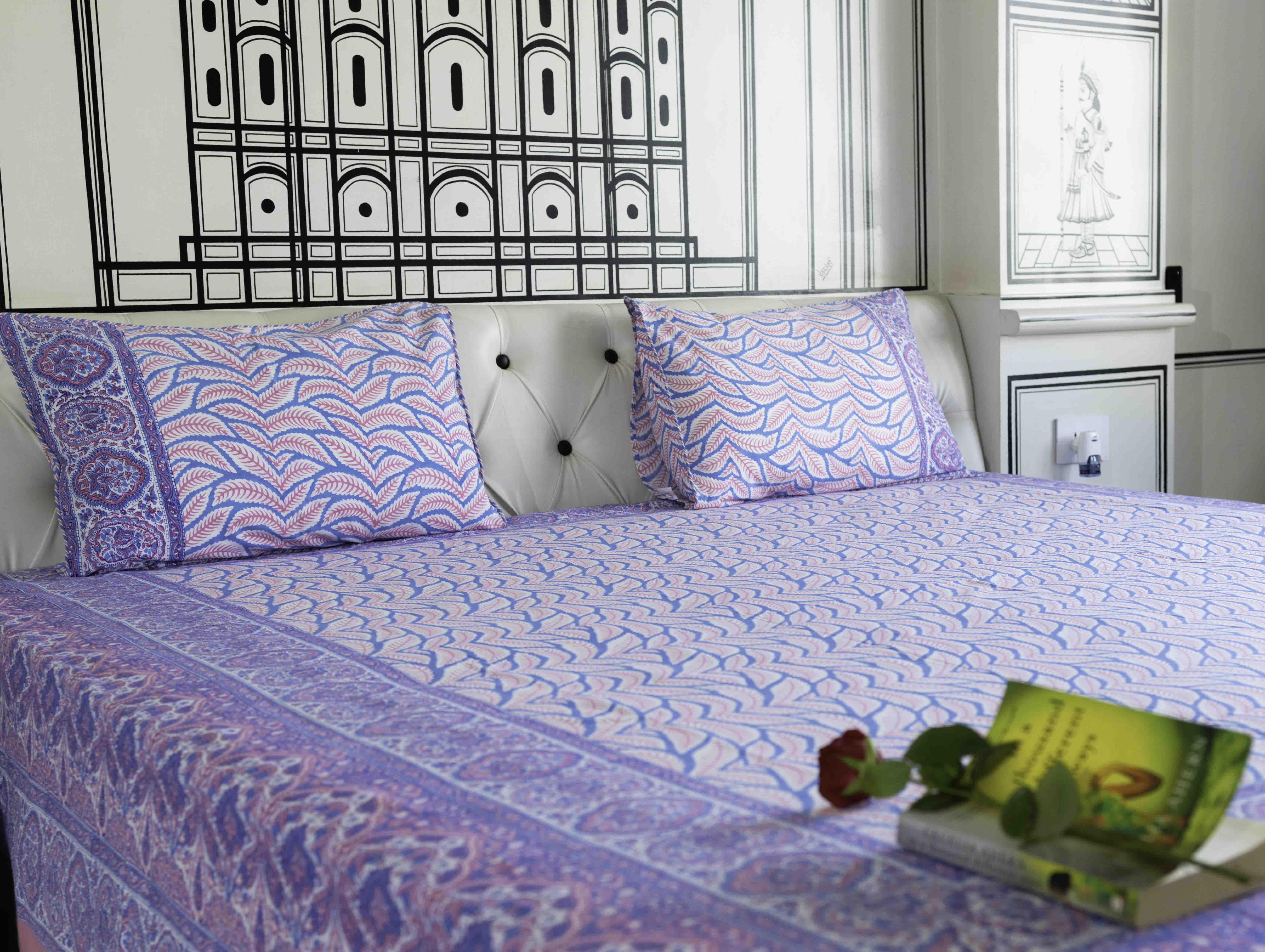 Pink & Blue Fern Block Print Bedsheet Set