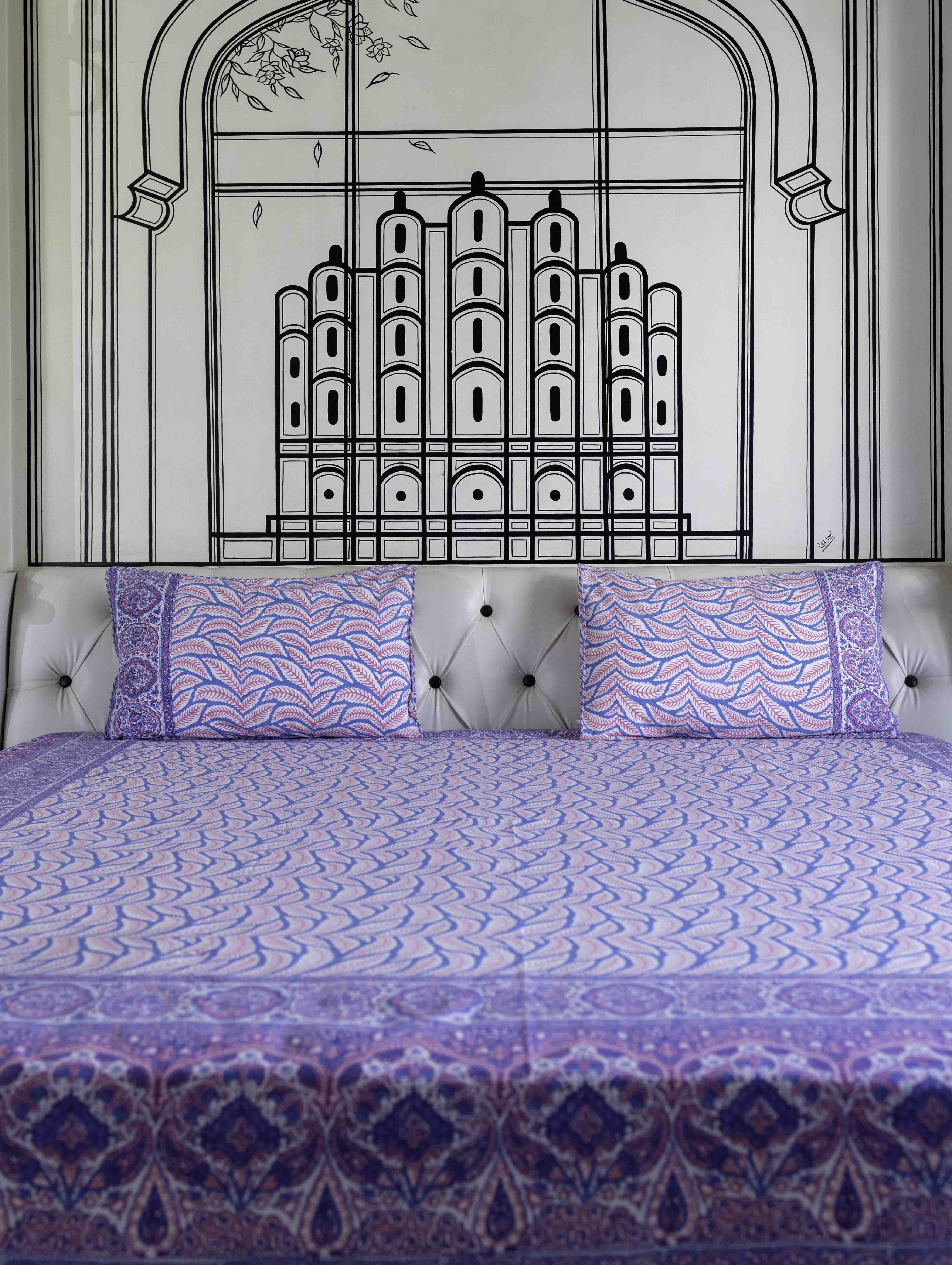 Pink & Blue Fern Block Print Bedsheet Set view 3