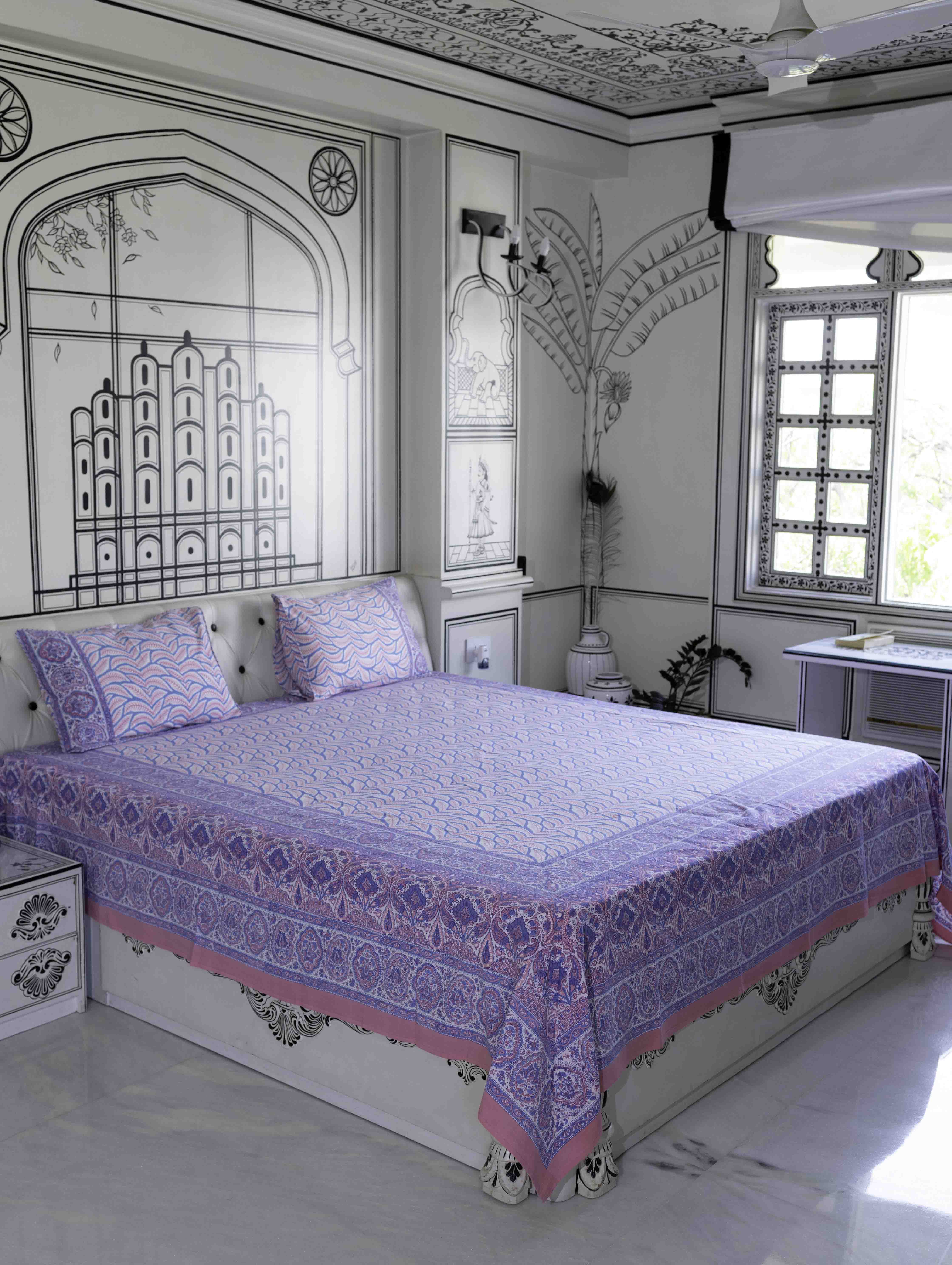 Pink & Blue Fern Block Print Bedsheet Set view 4