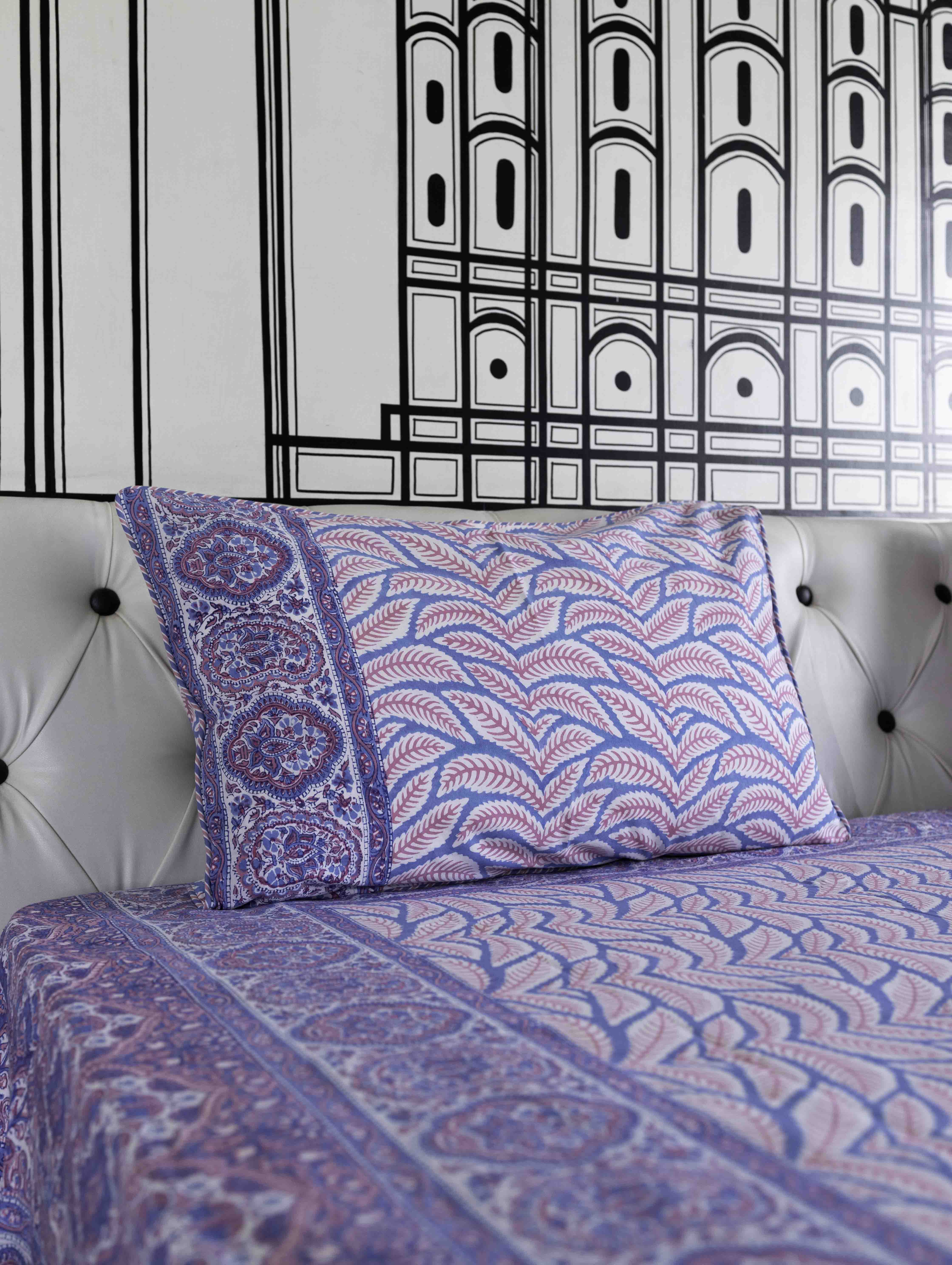 Pink & Blue Fern Block Print Bedsheet Set view 6