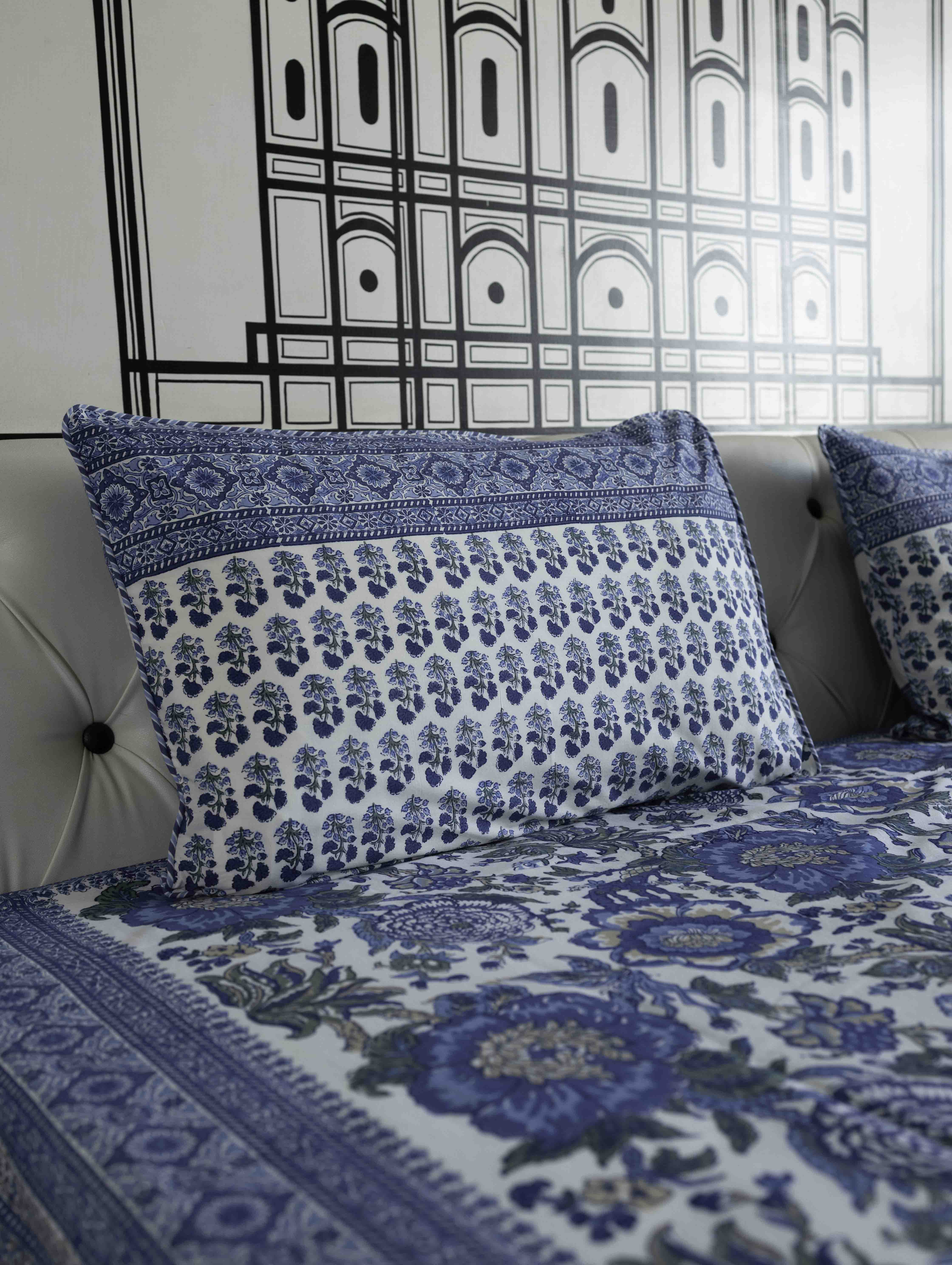 Indigo Blossom Hand Block Print Bedsheet Set