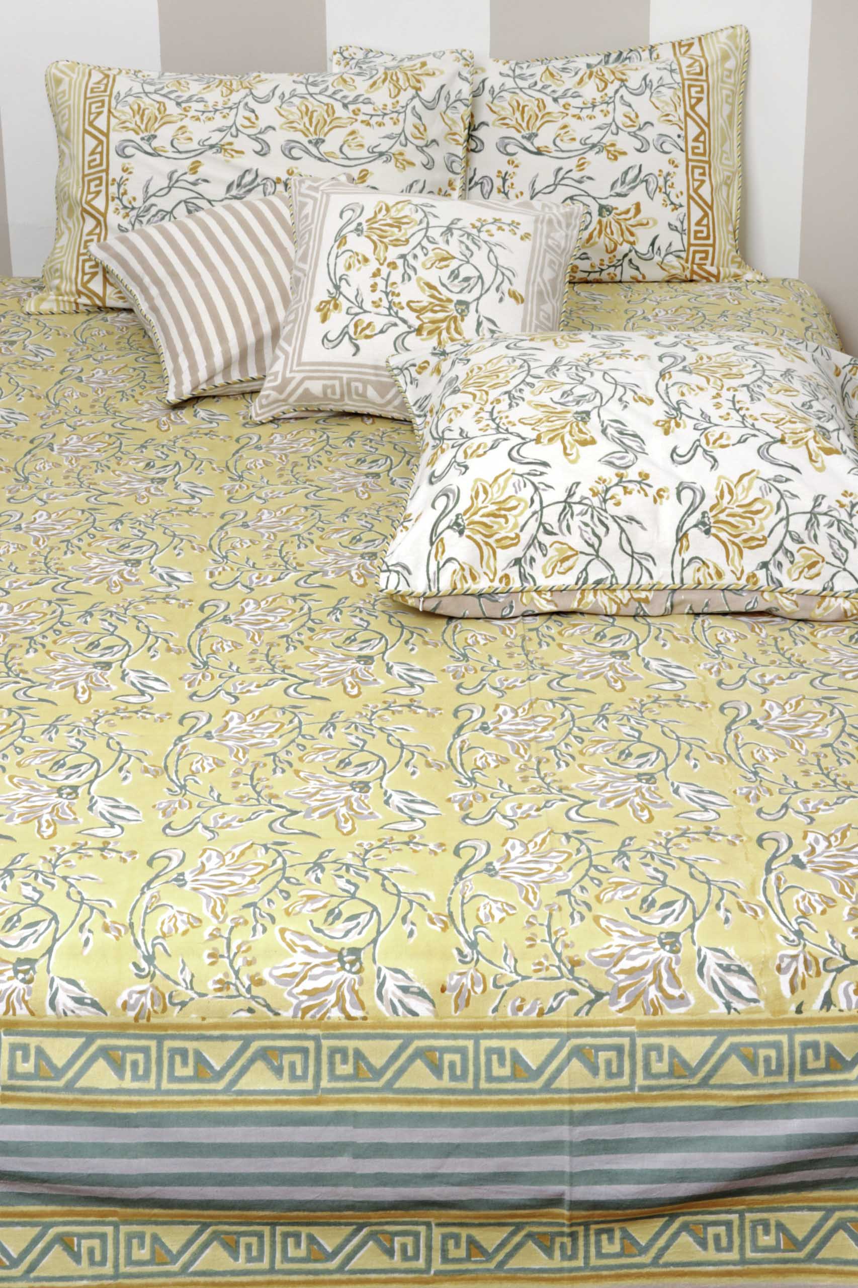 Mustard Lotus Bloom Block Print Bedsheet Set
