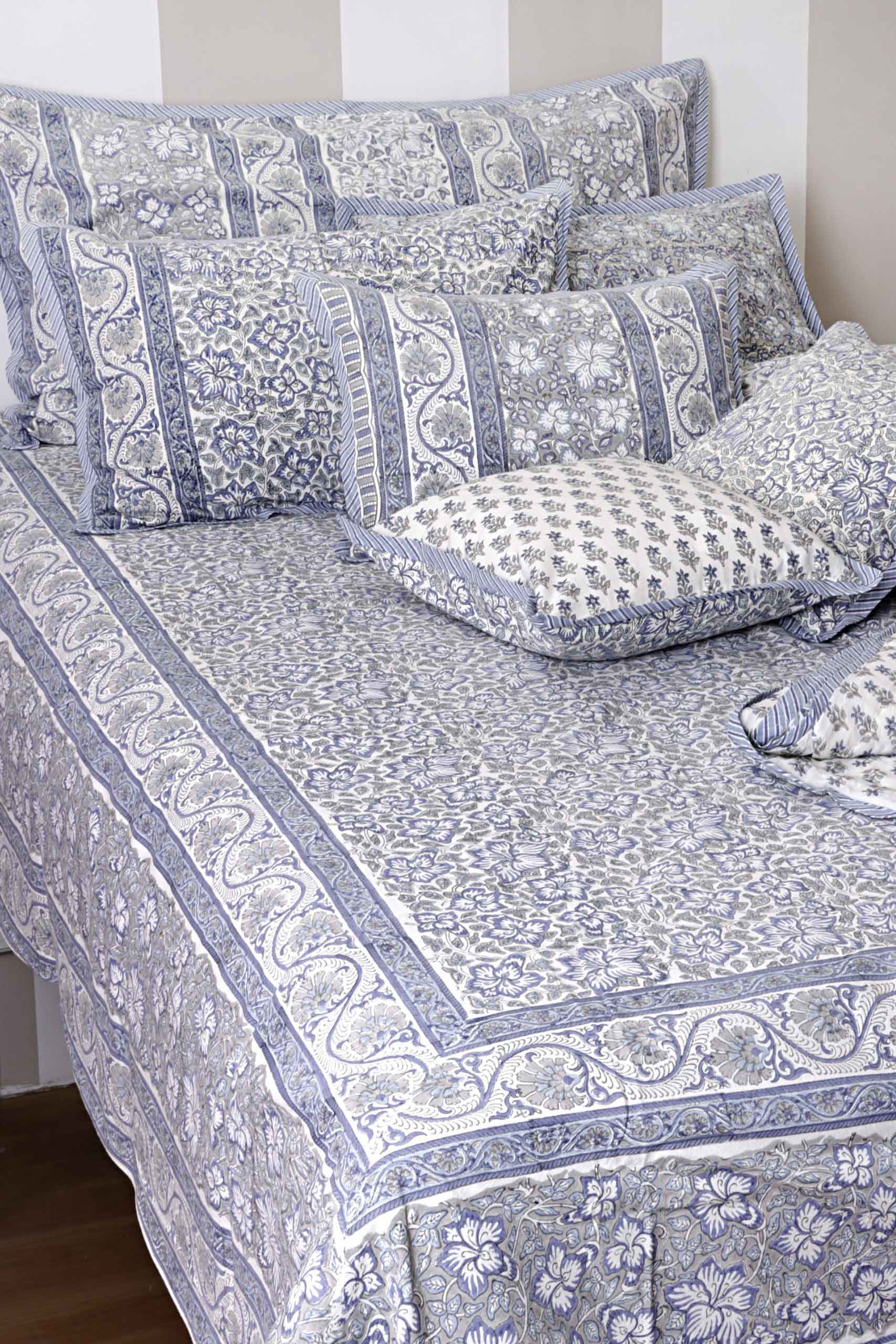 Classic Indigo Floral Block Print Bedsheet Set