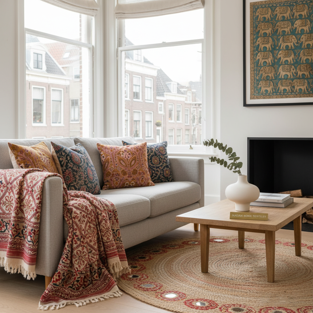 Beautiful Indian textiles in a modern Dutch home